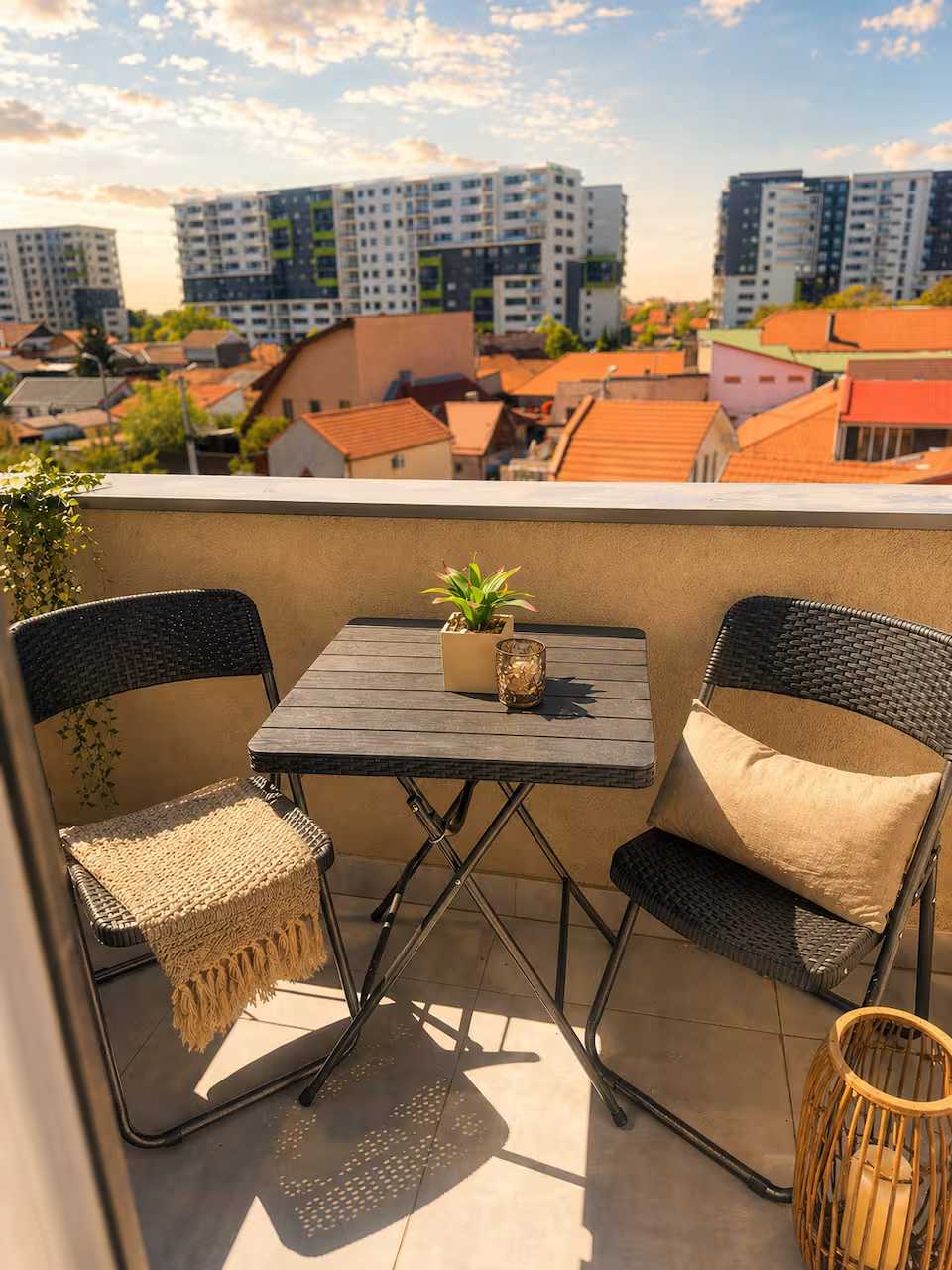 Un tavolo da patio con sedie e una pianta in vaso — appartamento a Oradea