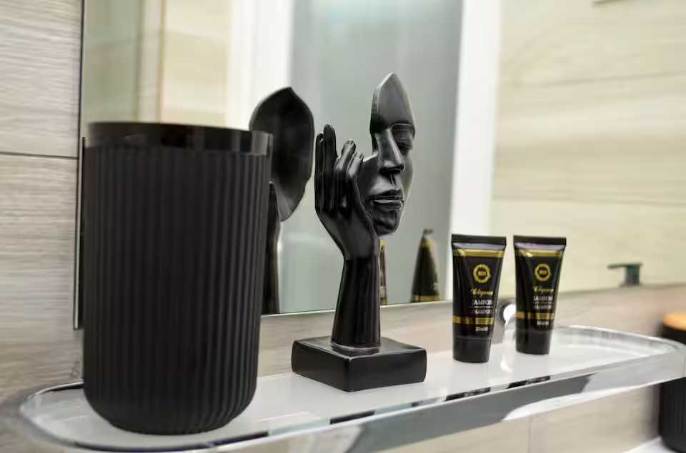 Un bagno bianco e nero con specchio e vaso nero — monolocale a Oradea