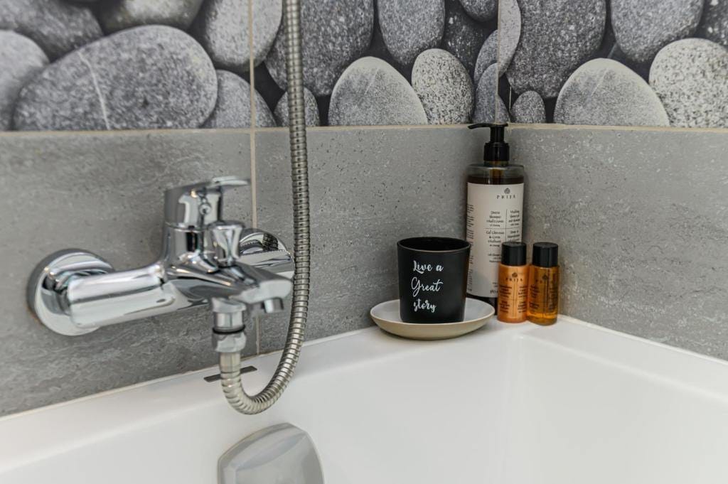 Un bagno con doccia e una tazza — appartamento a Brașov
