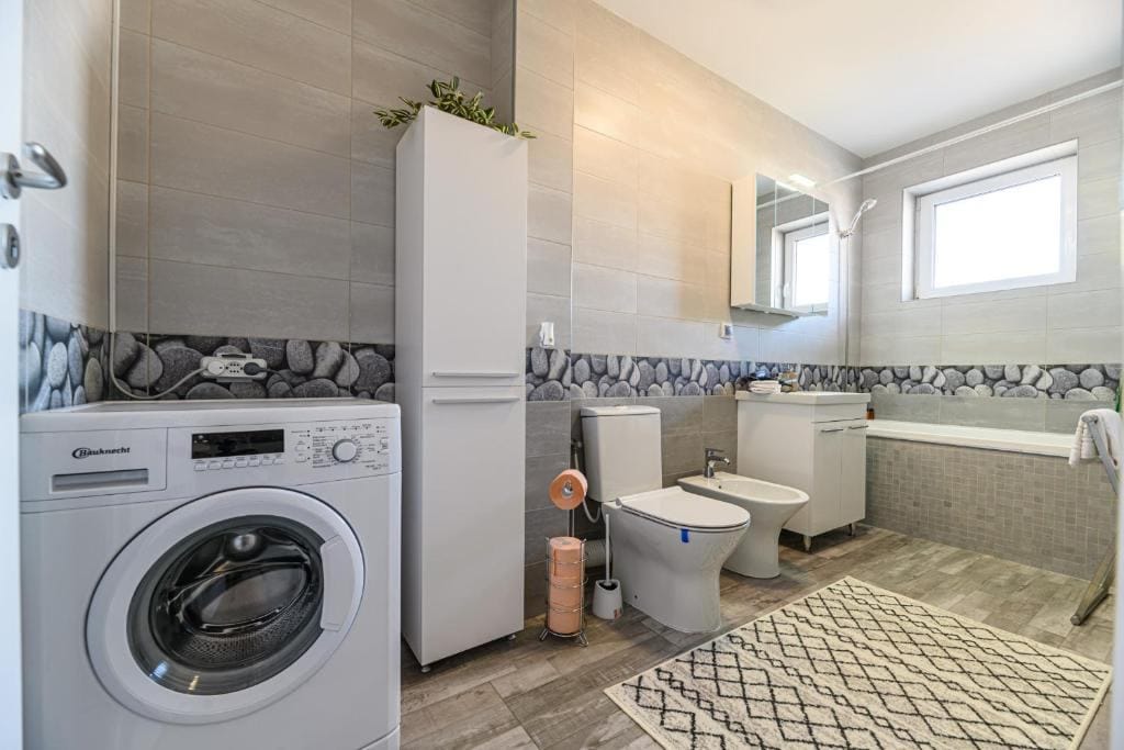 Un bagno con wc, lavandino e lavatrice — appartamento a Brașov