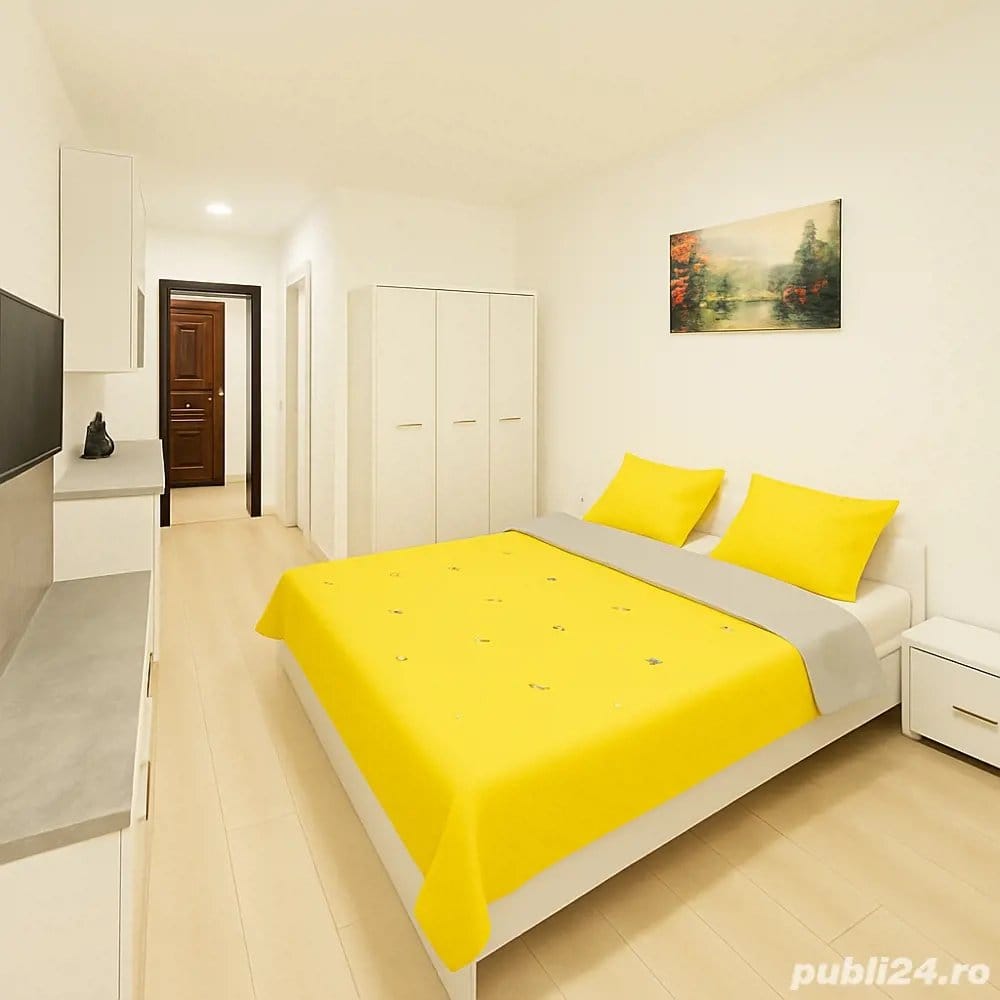 Una piccola stanza con un letto giallo