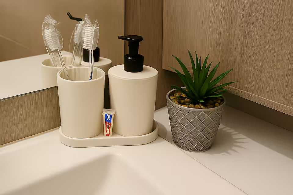 Un bagno con una tazza e una pianta in vaso — appartamento a Oradea
