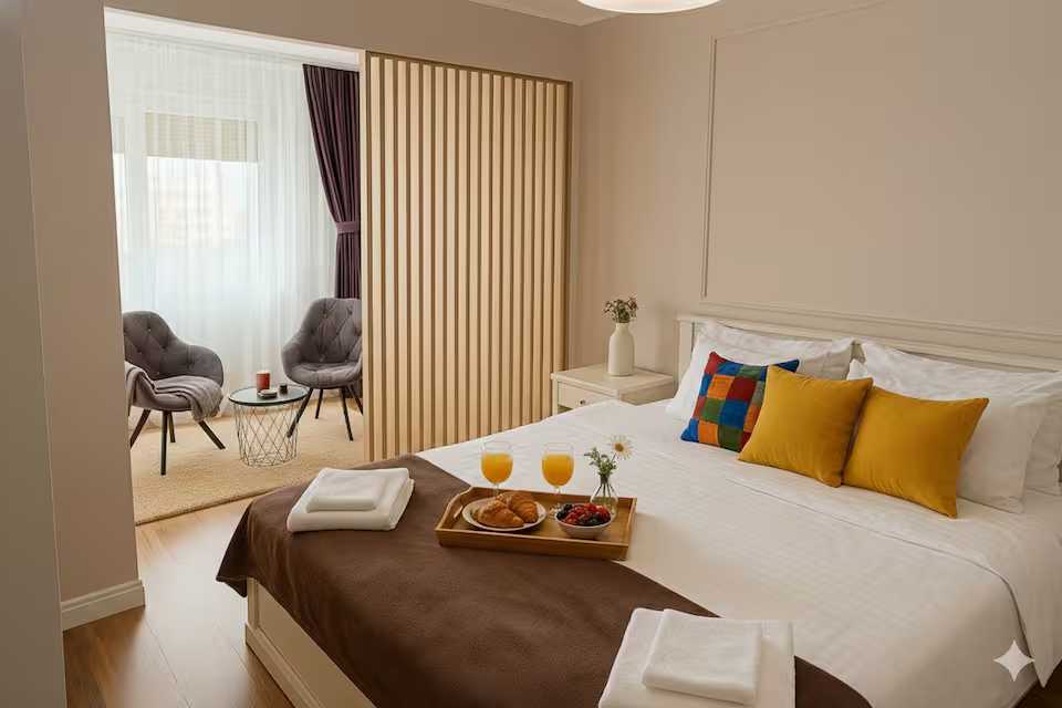 Una camera con un letto, un tavolo e una finestra — appartamento a Oradea