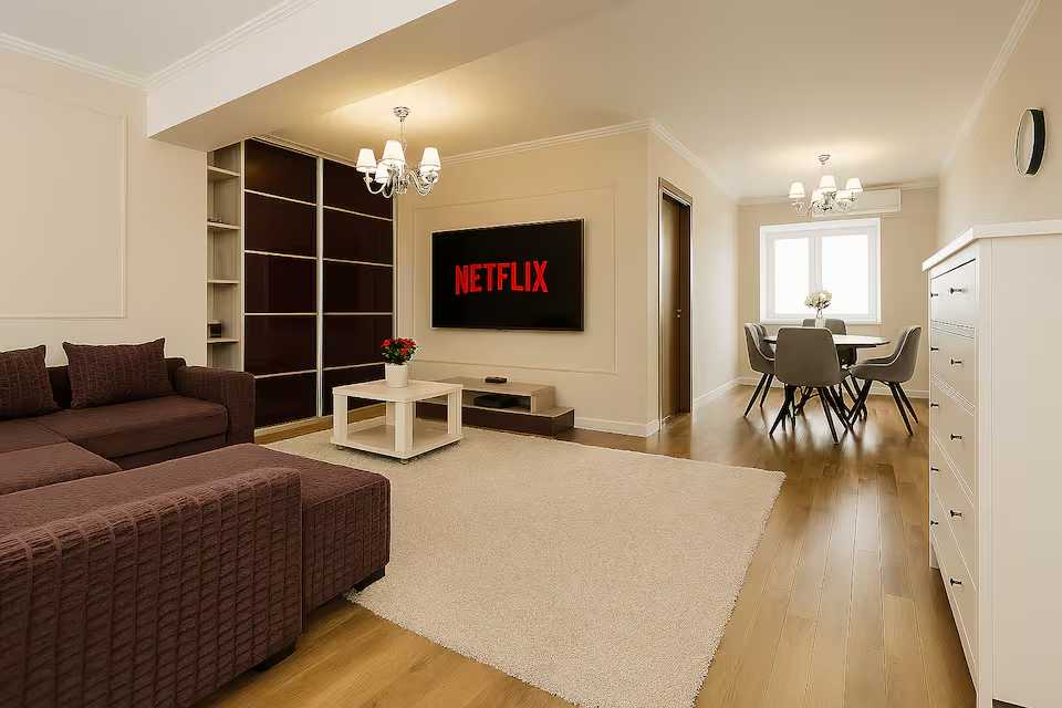 Un soggiorno con divano, tavolo e una grande TV a schermo piatto — appartamento a Oradea