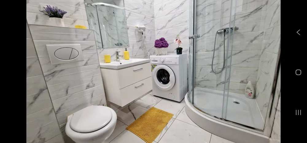 Un bagno con bagno, lavanderia e lavatrice